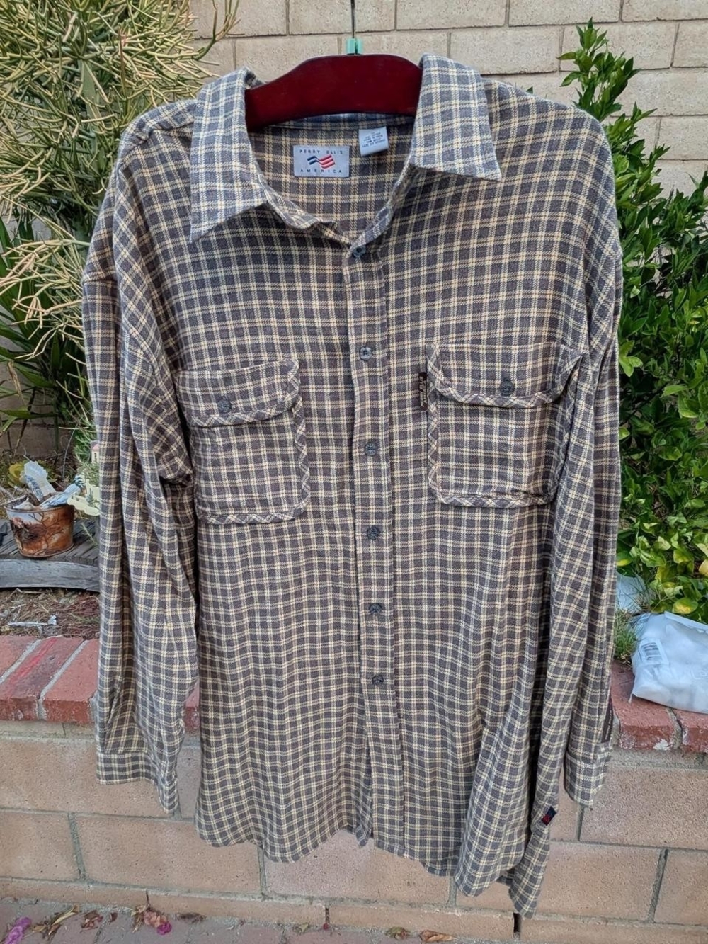 Perry Ellis Brown and Cream Plaid Button-Down Shirt